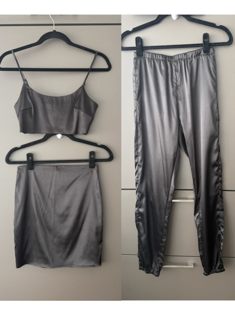 3-Piece Satin-Look Matching Set Crop Cami, Pants & Mini Skirt S/M Coord Set Silk